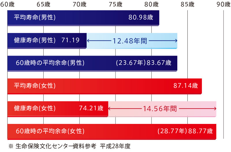 男性平均寿命：80.98歳、男性60歳時の平均余命：23.67年（83.63歳）、男性健康寿命：79.19歳　女性平均寿命：87.14歳、女性60歳時の平均余命：28.77年（88.77歳）、女性健康寿命：74.21歳。※生命保険文化センター資料参考　平成28年度